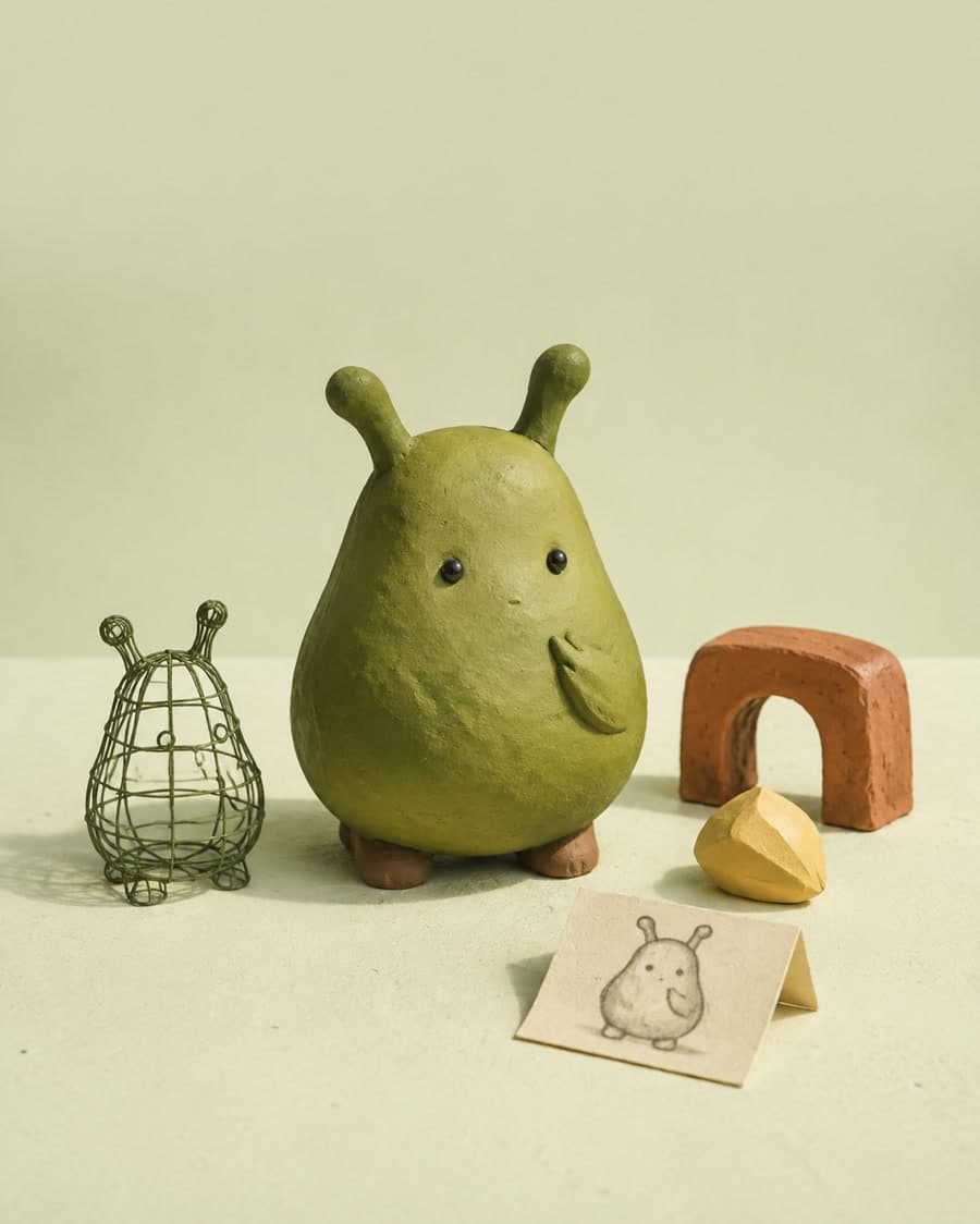Illustration of a little green character beside its sketch and wireframe form
