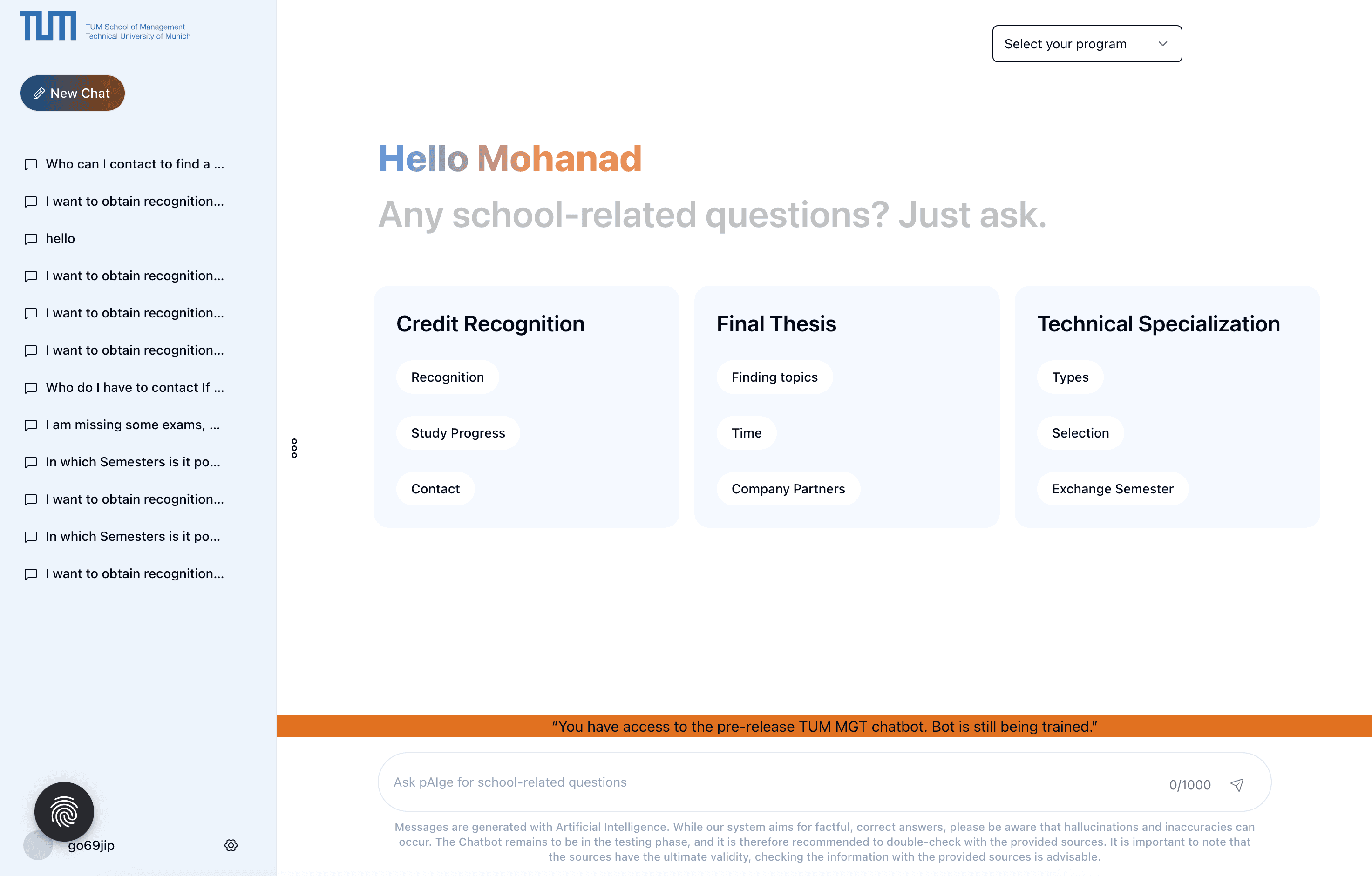 The pAIge student assistant interface, with questions about courses and thesis requirements