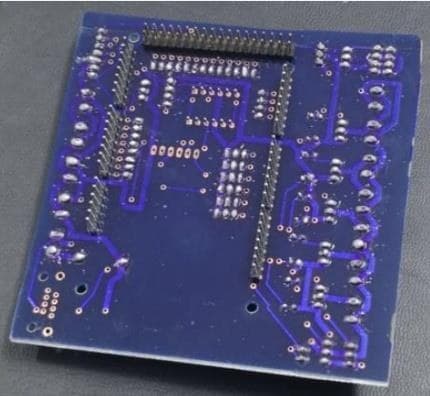 Underside of the Blue Marlin PCB showing tracks and solder joints