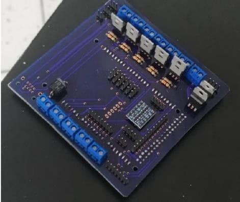 Component side of the Blue Marlin PCB, with blue screw terminals and headers