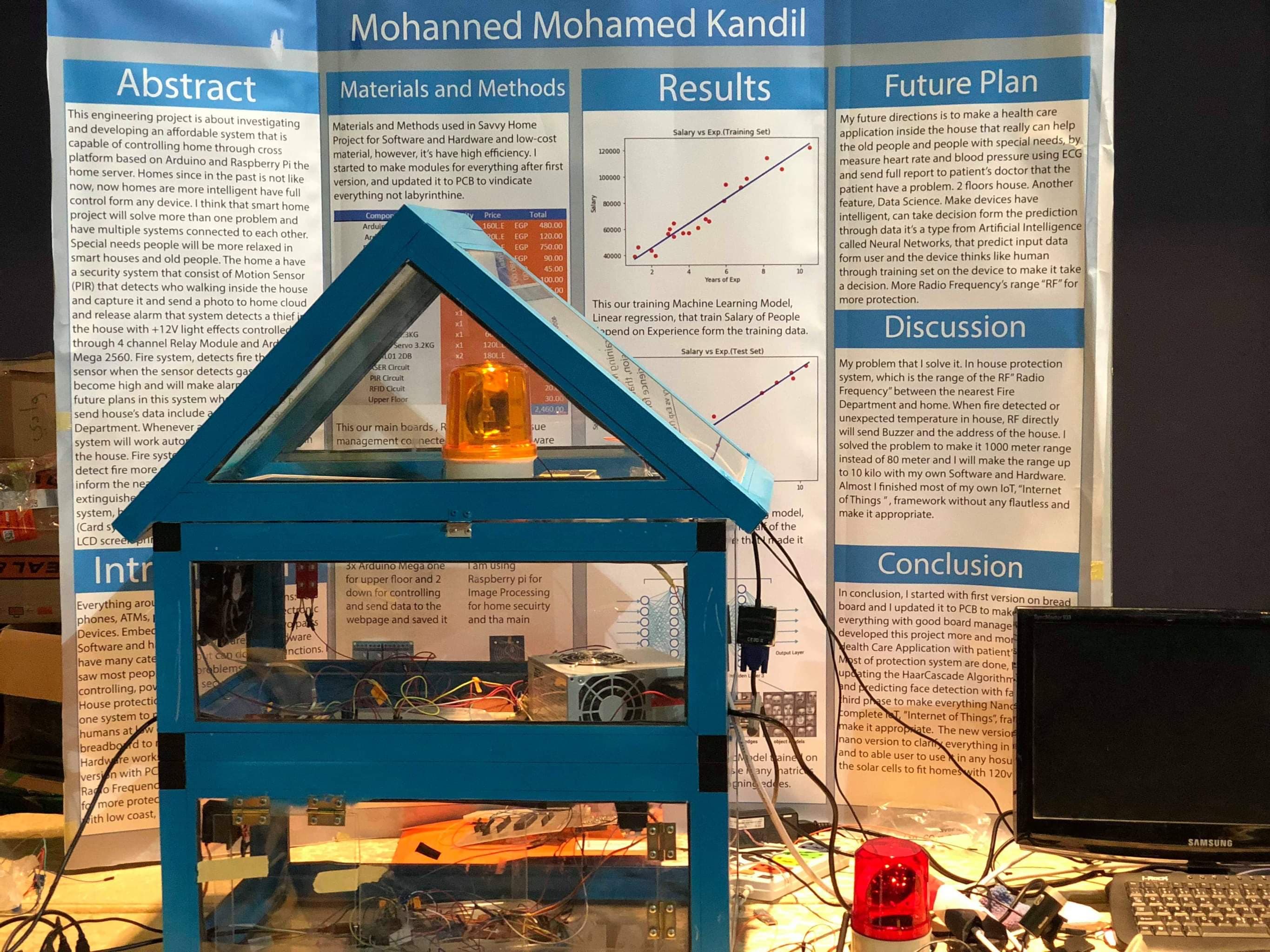 The complete smart-home model with a blue roof, clear walls, wiring and a beacon, in front of its project poster