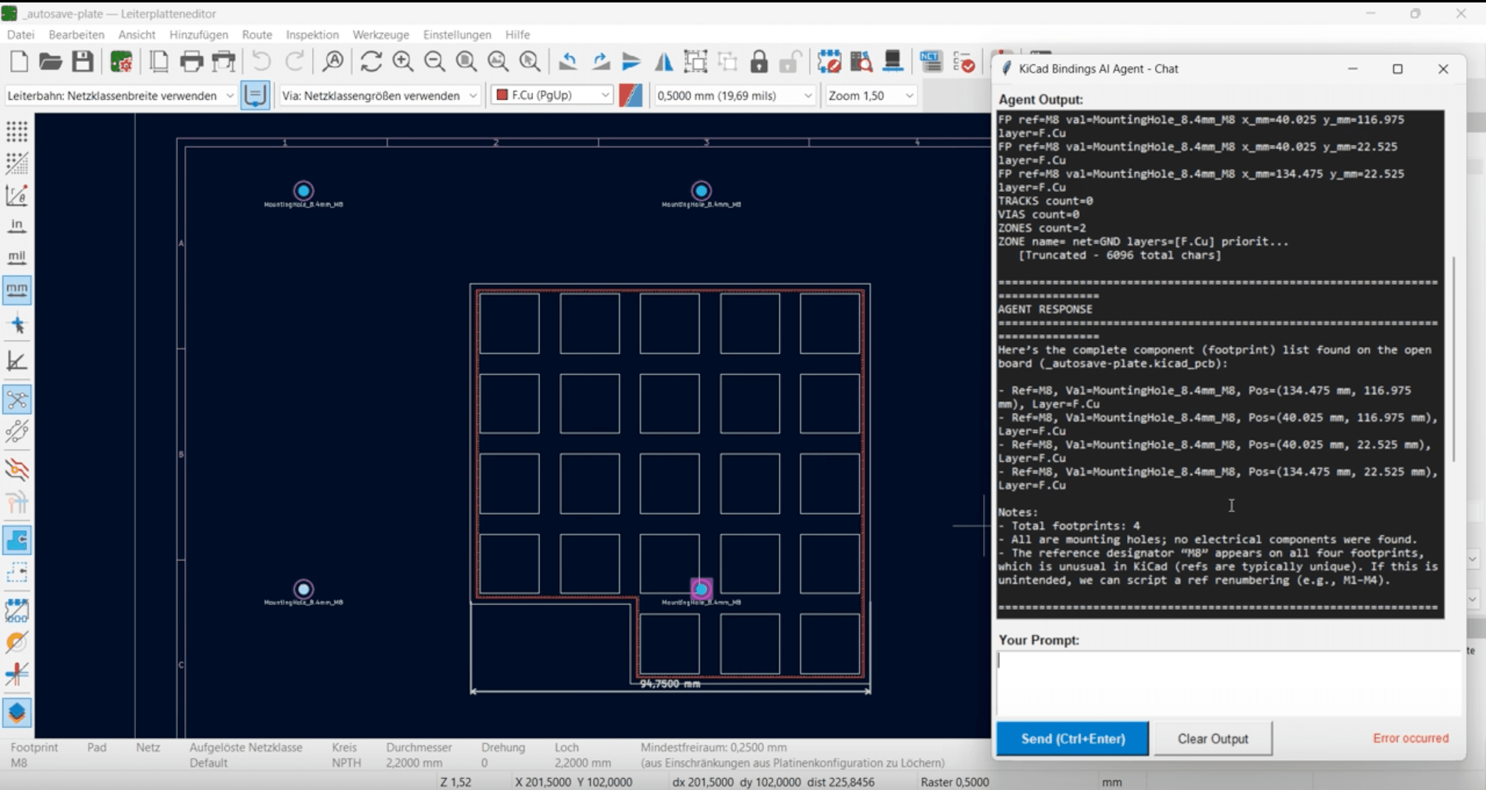 KiCad’s board editor beside Volta’s agent panel, which lists four mounting-hole footprints and their positions from the open board
